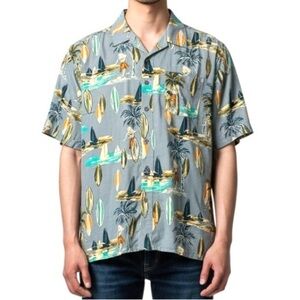 Naturals D & Co. Men’s Linen blend Print Button up Shirt L Palm trees Surfer